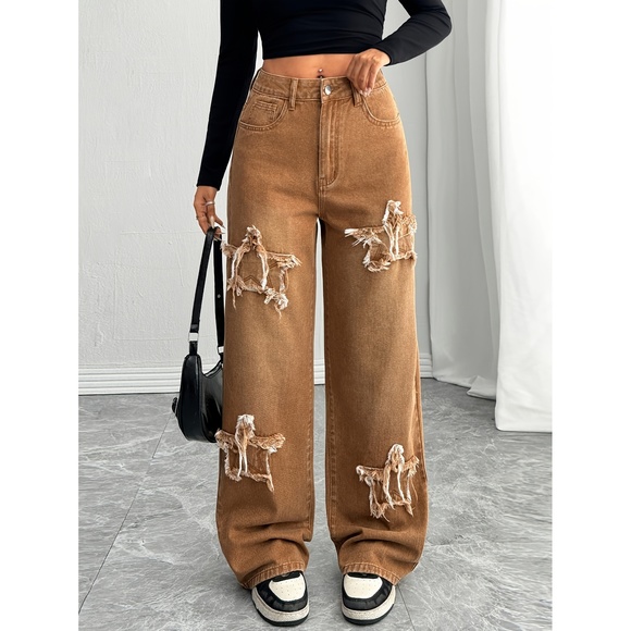 Melard colorway American street style star patchwork washed wide-leg straight je - Picture 1 of 6